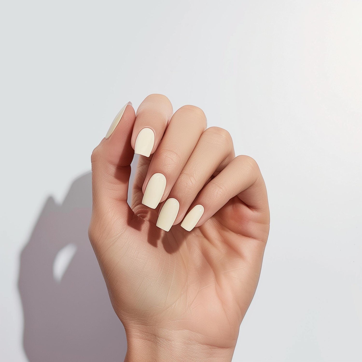 A hand wearing cream press-on nails